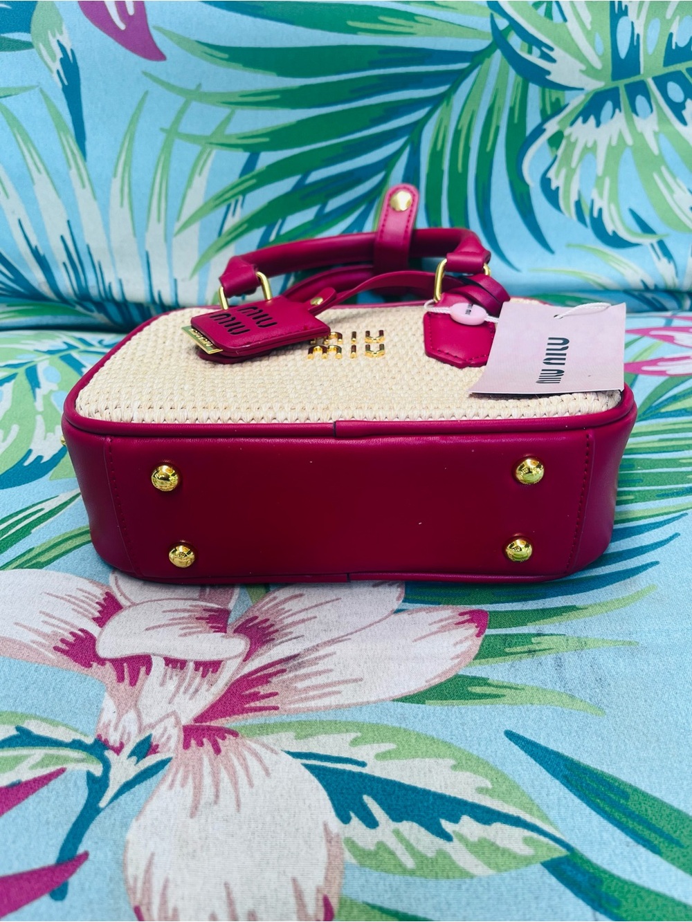 Miu Miu Cream Woven Mini Satchel with Pink Trim - Picture 5 of 5